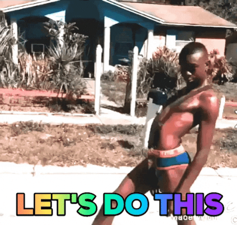 imagem animada de um homem de sunga deslizando com a frase "let's do this"